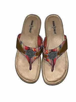 Minnetonka Sandals Thong Southwest Design Brown Blue Embellishment Size 9 EUC • $24.99