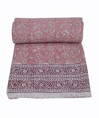 Indian Hand Block Print King Size Cotton Kantha Quilt Blanket Bedspread Throw • £86.29