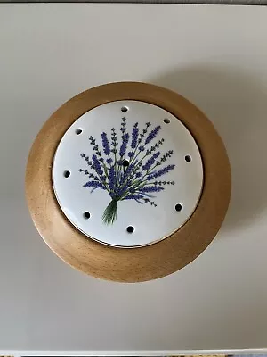 Wooden Pot Pourri Box With Ceramic Lid & Pic Of Lavender: Signed On Base • £7.50