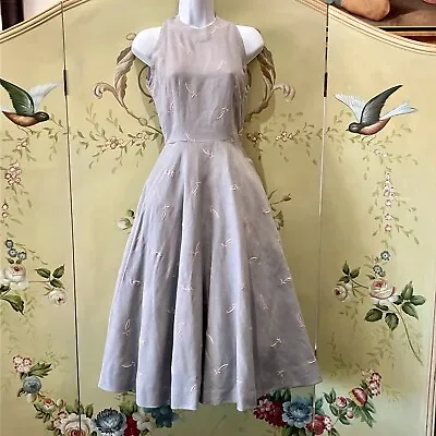 Vintage 1950s Gray & Pink Linen Full Skirt Fit & Flare Dress 32 Bust XS Pockets • $74.99