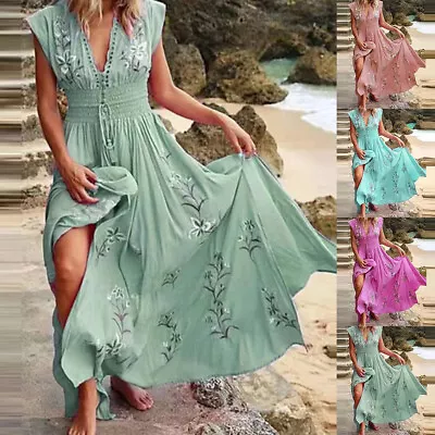 Womens Boho Flying Sleeve V Neck Maxi Dress Ladies Pleated Holiday Ruffled Dress • $24.79