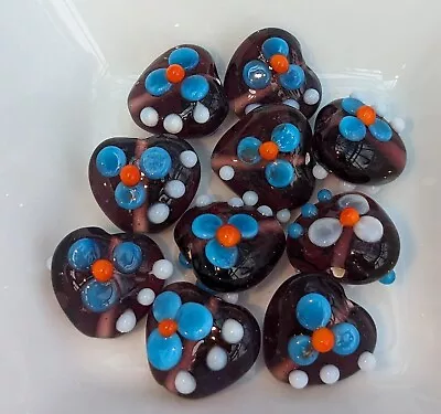 Lampwork Handmade  FOCAL Heart Bead X10 Red With Blue White Flower Detail 14mm • £4.75