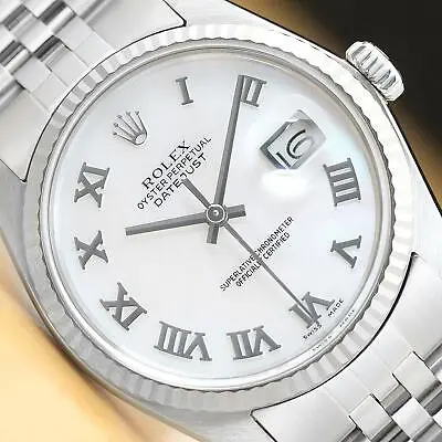 Mens Rolex Datejust 16014 Mother Of Pearl Roman 18k White Gold & Steel Watch • $4799