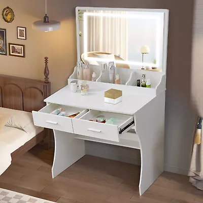 White Makeup Desk 2-Drawers W/ LED 3 Color Lighted Mirror Set Dressing Table NEW • $138.66