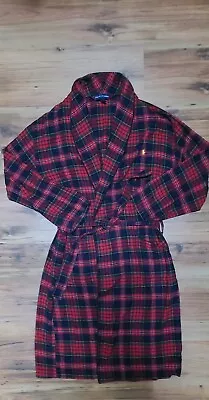 Vtg Polo Ralph Lauren Red Plaid Cotton Flannel Robe Yellow Logo Shawl Neck S/M • $34.99