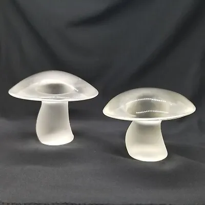 (2) VINTAGE VIKING CRYSTAL SATIN GLASS MUSHROOM PAPERWEIGHT 2 3/4  & 2 1/4  Tall • $199.99