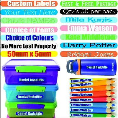 50 Name Stick On Labels Stickers Waterproof Tag School Kid Pens Pencil Lunch Box • £2.99