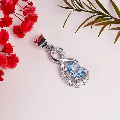 Designer Natural Blue Topaz With Zircon Stone Pendant Solid 925 Silver Jewelry • $40.50
