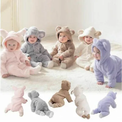 0-12 Months Baby Romper Hooded Bear Jumpsuit Boys Girls Soft Thick Warm Clothes- • £12.16