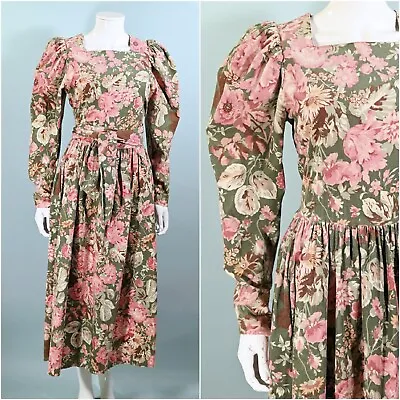 Vintage Laura Ashley Corduroy Dress Cottagecore 80s Cabbage Rose Floral Print • $125