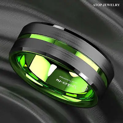 8/6mm Black Tungsten Carbide Green Line Wedding Band Ring ATOP Men's Jewelry • $16.99