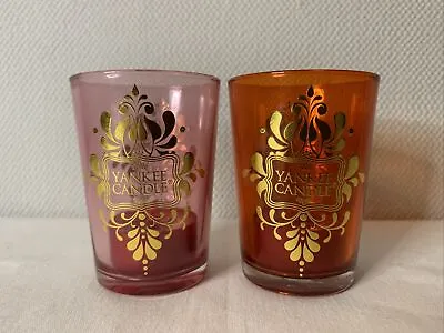 Yankee Candle Glass Votive Holders  2 & Votive Candles - Pink&Red With Gold -NEW • £14
