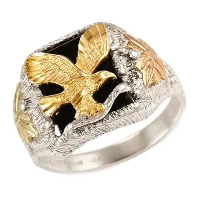 Mens Black Hills Gold Sterling Silver Eagle Ring W Onyx Size 11.5 FAST SHIPPING • $232