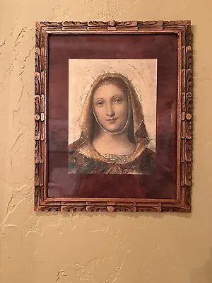 Madonna Picture Framed & Matted In Hand Carved Wooden Frame Mexico • $30