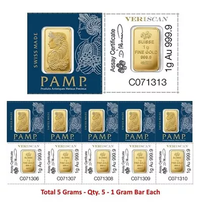 Lot Of 5 - 1 Gram Gold Bar Divisible PAMP Suisse MULTIGRAM .9999 Fine Gold Bar • $456.74