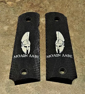 1911 Grips - Black|white - Spartan Molon Labe .45 Ambi Full-size Checkered • $26.99