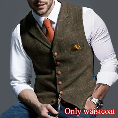 Men Retro Tweed Waistcoat Plaid Slim Fit Formal WoolBlend Herringbone Suit Vest❀ • $17.56