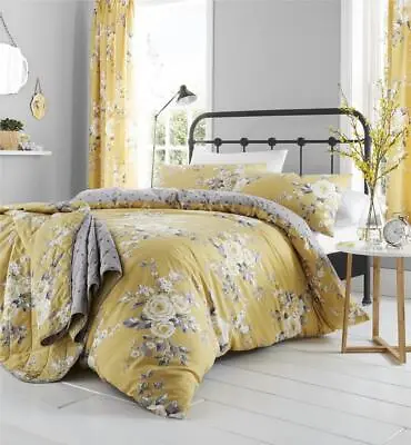 £43.99 • Buy Catherine Lansfield Canterbury Ochre Floral Duvet Cover Bed Set Yellow Curtains