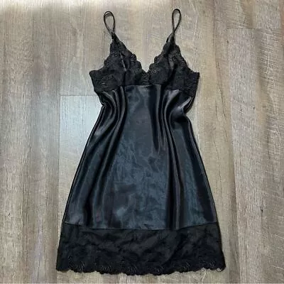 Vintage 90s Black Satin Lace Babydoll Mini Slip Dress Womens Size Small • $35