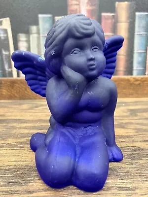 Vtg Cobalt Blue Cherub Angel Candle Stick Holder Blue Glass Heavy • $16