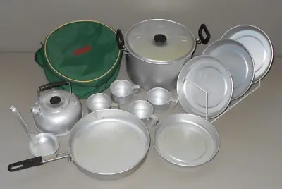 $45 • Buy Coleman 4 Man Mess Kit All Aluminum Cook Set With Nylon Carry Sack VTG Camping