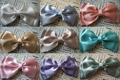 BIG PASTEL SATIN PLAIN FABRIC DOUBLE BOW HAIR CLIP 80s RETRO 50s VINTAGE GIRL  • £4.50