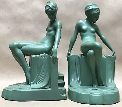 VTG 30s ART DECO NUDE BOOKENDS 7¼” SITTING METAL GREEN JADE 520?RONSON?FRANKART? • $1