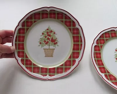 Salad Plates Joy Noel By VILLEROY & BOCH 2 Pieces Red Green Christmas Plaid Bird • $49