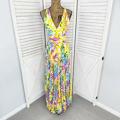 Milly Oria Dress Size 4 Waves Of Zerbra Pleated Halter Maxi Yellow Pink Multi • $250