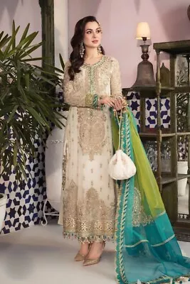 Pakistani Designer Embroiderd Chiffon Suit Unstitched Shalwar Kameez With Lining • £34.99