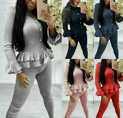 £13.99 • Buy Womens Fine Ribbed Frill Peplum Gold Button Loungewear Suit Ladies Tracksuit Set