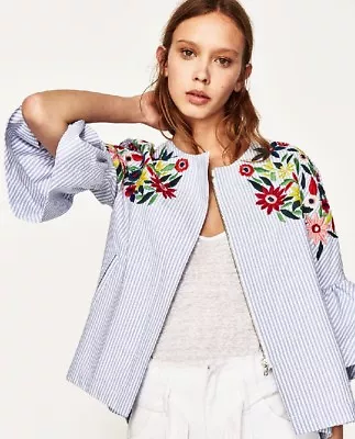 Zara Stripe Zip Jacket With Floral Embroidery Size XS • $49.99