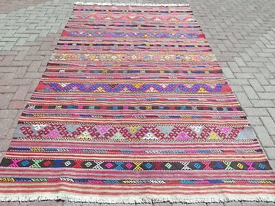 Vintage Turkish Kilim Floor Rug Area Rug Wool Rug Striped Handmade Rug 68 X115  • $432.93