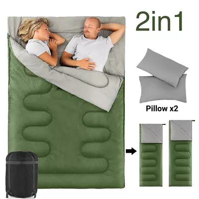 2 In 1 Double Sleeping Bag 4 Seasons Waterproof Camping Bag W/2 Pillows & Bag • £31.99