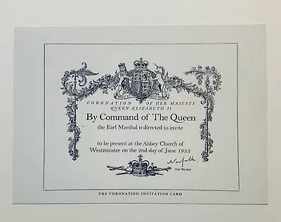 Queen Elizabeth II Coronation Invitation Card 1953 02/06/1953 A5 BLANK REPLICA • £3.99