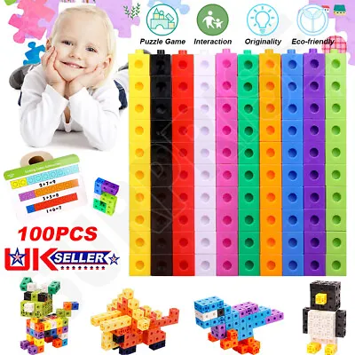 100 X 2cm Math Link Cubes Interlocking Snap Counting Blocks Toy Gift Early Learn • £8.99