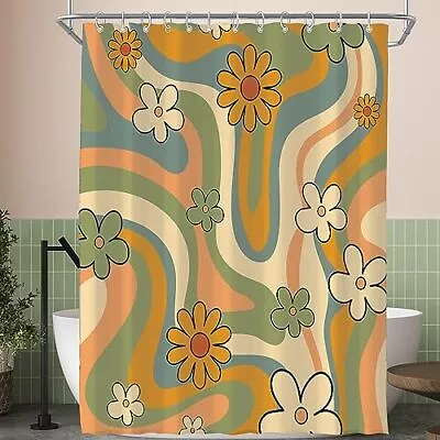70s Cute Retro Floral Wavy Swirl Groovy Aesthetic Vintage Shower Curtain For Bat • $25.63