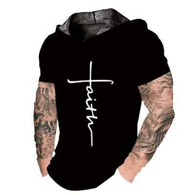 $16.98 • Buy ⭐Men Hoodie T Shirt Hooded Short Sleeve Faith Cross Black White Soft LightWeight