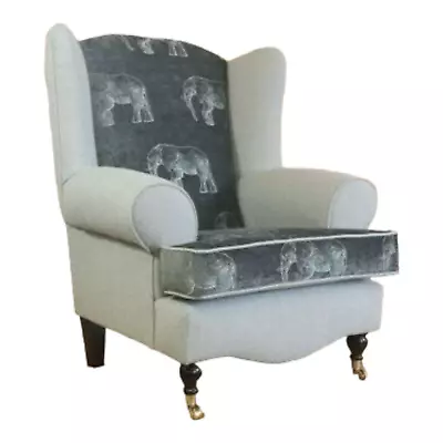 Wing Back Cottage Chair Elephant Print Seating Area & Plain Grey Frame Dark Legs • £479