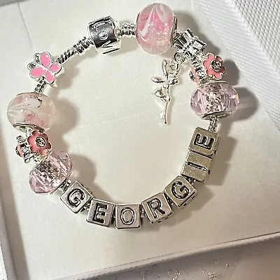 Tinkerbell Name Charm Bracelet For Children Pink Fairy Personalised Bracelet Kid • £9.80