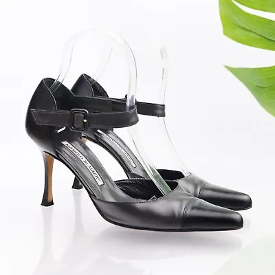 Manolo Blahnik Womens Pump Size 36 6 Ankle Strap D'Orsay Gray Black Leather Heel • $169.87