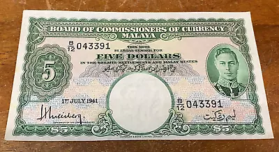 Rare Malaya Straits Settlements July 1st 1941 Five Dollars Banknote 043391 A27 • £79