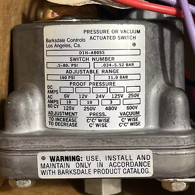 Barksdale D1H-A80SS Diaphragm Pressure / Vacuum Actuated Switch 0.5-80 Psi • $135