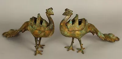 = 19th C. Pair Gilt Cast Iron Incense Burners Fenghuang Birds Peacocks Chinese • $345