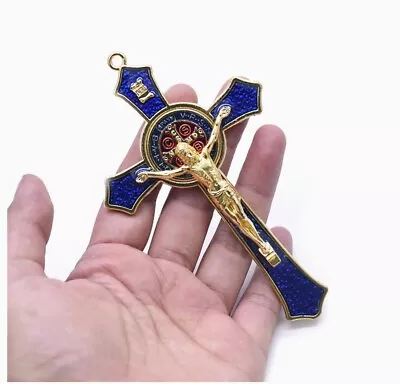 Blessed Metal Hand Hold Cross Crucifix Jesus Holy Religious Carved Christ Blue • $16.95