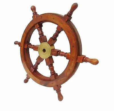 £49.99 • Buy Wooden Ship Steering Wheel 18  Nautical Pirate Wood Brass Finishing Wall Boat