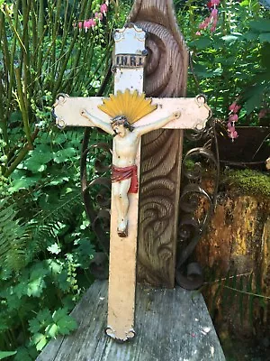 Large Art Deco Antique Crucifix 1930's SHABBY PRIMITIVE Chippy Paint 23  Garden • $95.90