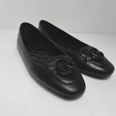 Michael Kors Lillie Moccasin Black Leather Ballet Flats 9M Slip On Shoes MK Logo • $22.95