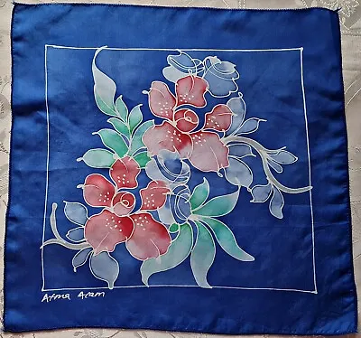 Scarf Vintage Authentic Artist Atma Alam Hand Painted Orchid Blue Silk 14  Small • $23.40