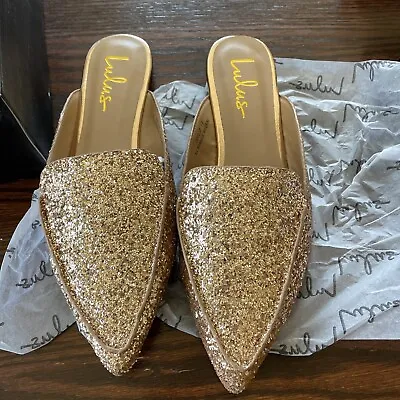 Lulus Womens Joelle Mule Flat Shoes Gold Slip On Sequin Pointed Toe 8.5 • $30
